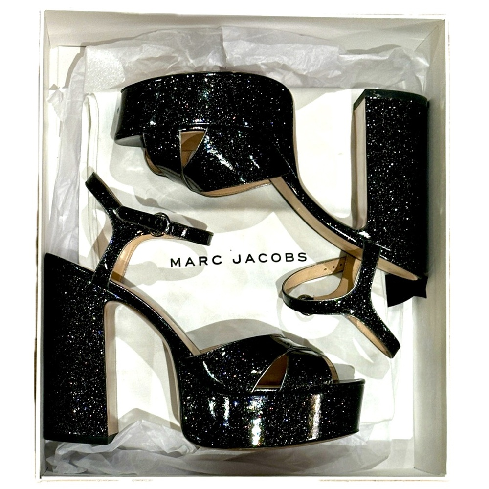 Marc Jacob Lust Platform Heeled Glitter Black Patent Sandals size 40 / wmns 10